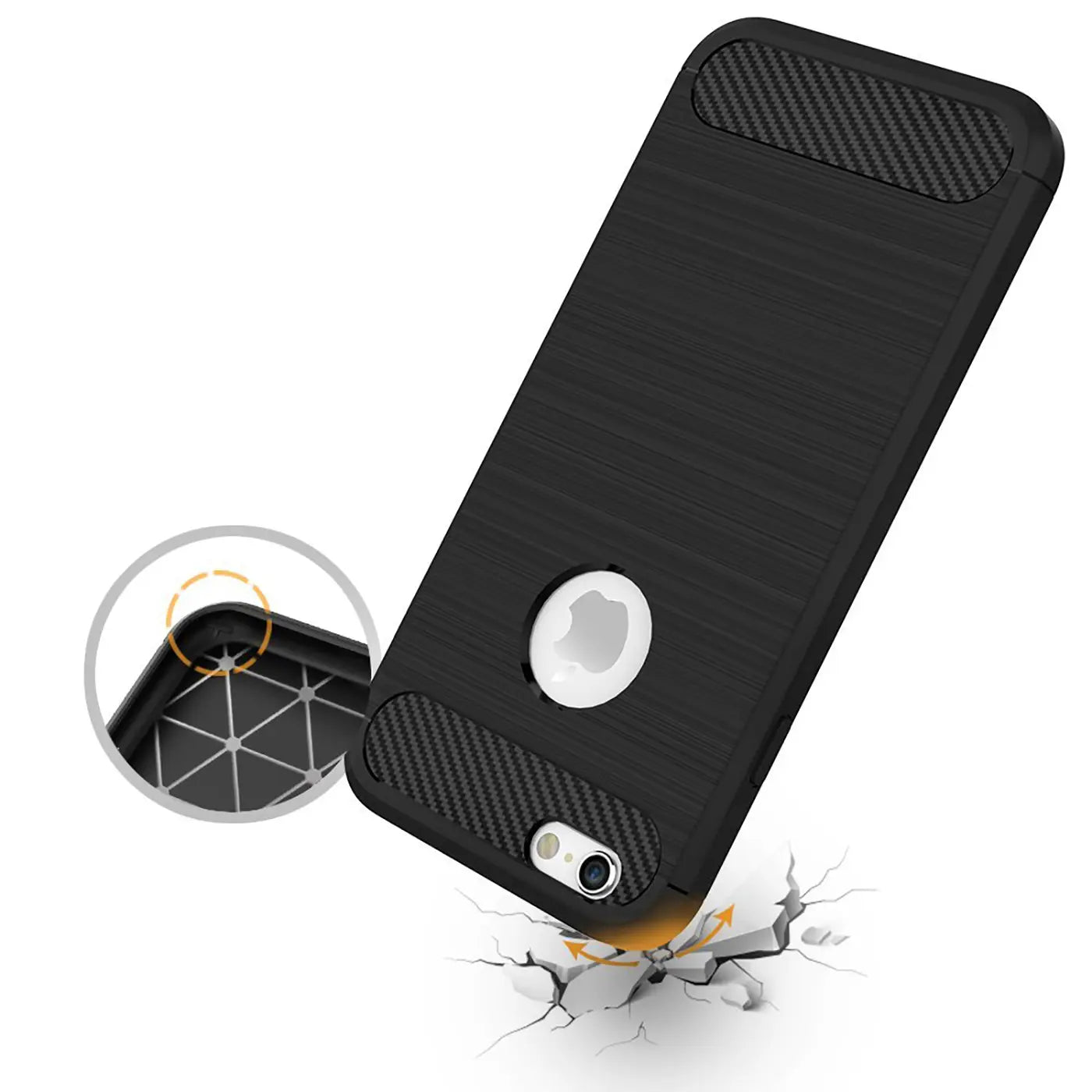 Schwarze Carbon-Hülle für iPhone 6/6S, stoßfest, Rückansicht mit Ausschnitt für Kamera und Logo.