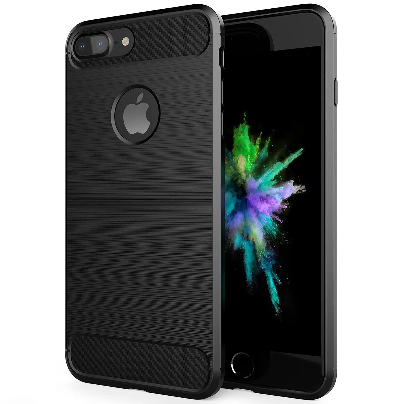 Schwarze Carbon-Hülle mit gebürsteter Textur für iPhone 7 Plus/8 Plus, von vorne links