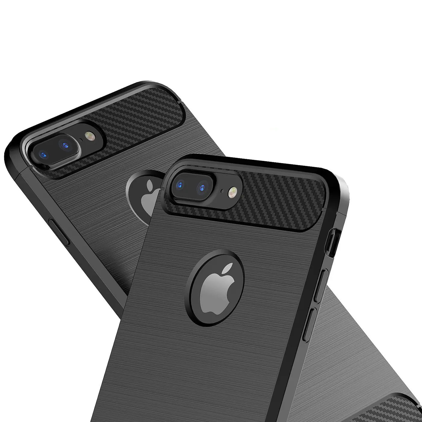 Schwarze Carbon-Hülle mit gebürstetem Metall-Look für iPhone 7 Plus/8 Plus, Rückansicht.