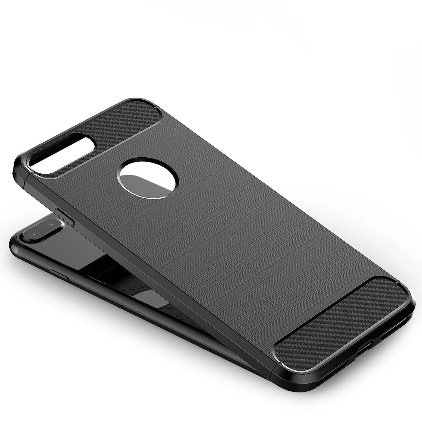 Schwarze Carbon-Hülle, gebürstete Oberfläche, von oben schräg fotografiert, zeigt Ausschnitt eines iPhones.