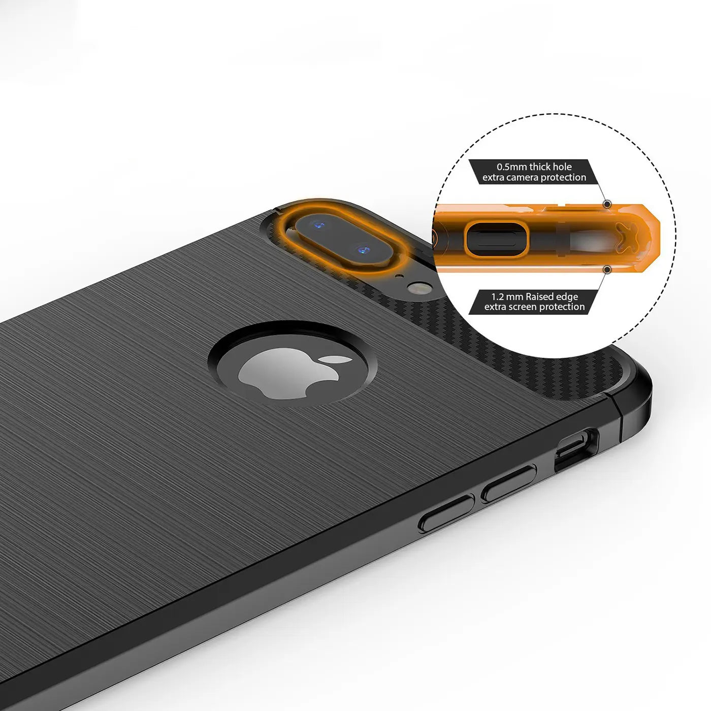 Schwarze Carbon-Hülle für iPhone 7 Plus/8 Plus, Rückansicht, Nahaufnahme, mit Detail-Zoom.