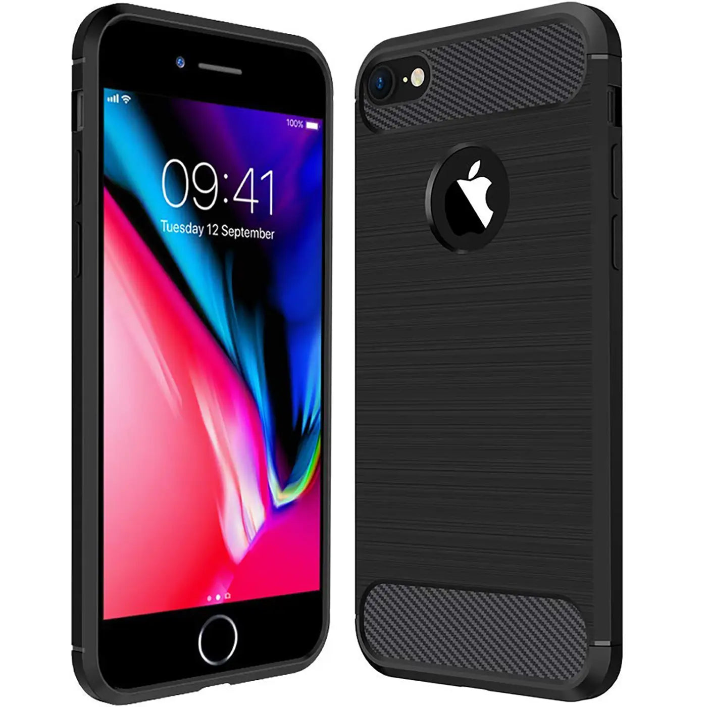 Schwarze Carbon-Hülle mit gebürsteter Textur, zeigt iPhone 7/8/SE von vorne und hinten.