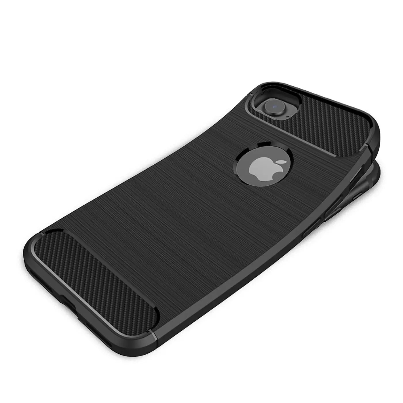 Schwarze Carbon-Hülle für iPhone 7/8/SE, von oben schräg fotografiert.