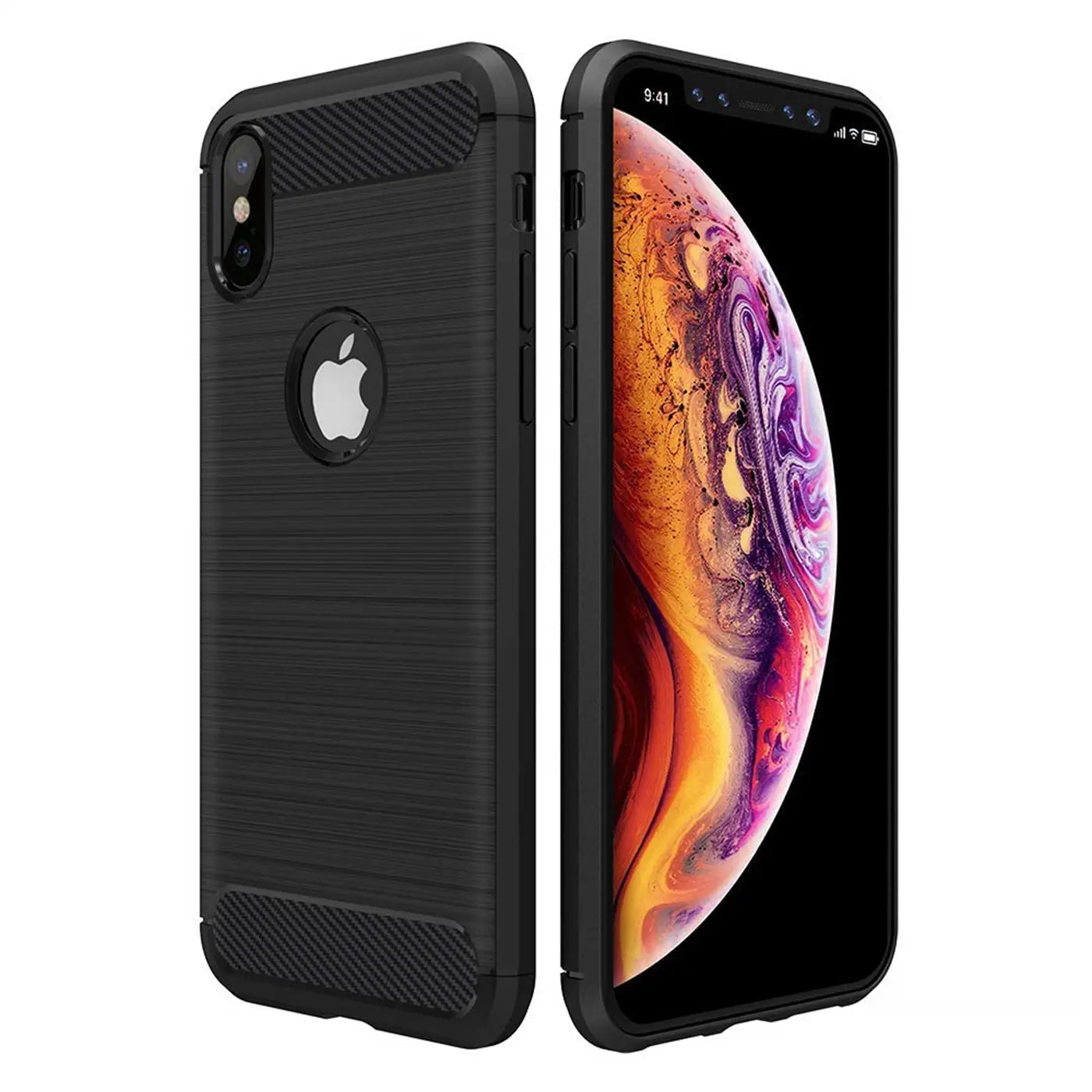 Schwarze Carbon-Hülle mit gebürsteter Textur, Vorder- und Rückansicht, iPhone X/XS.