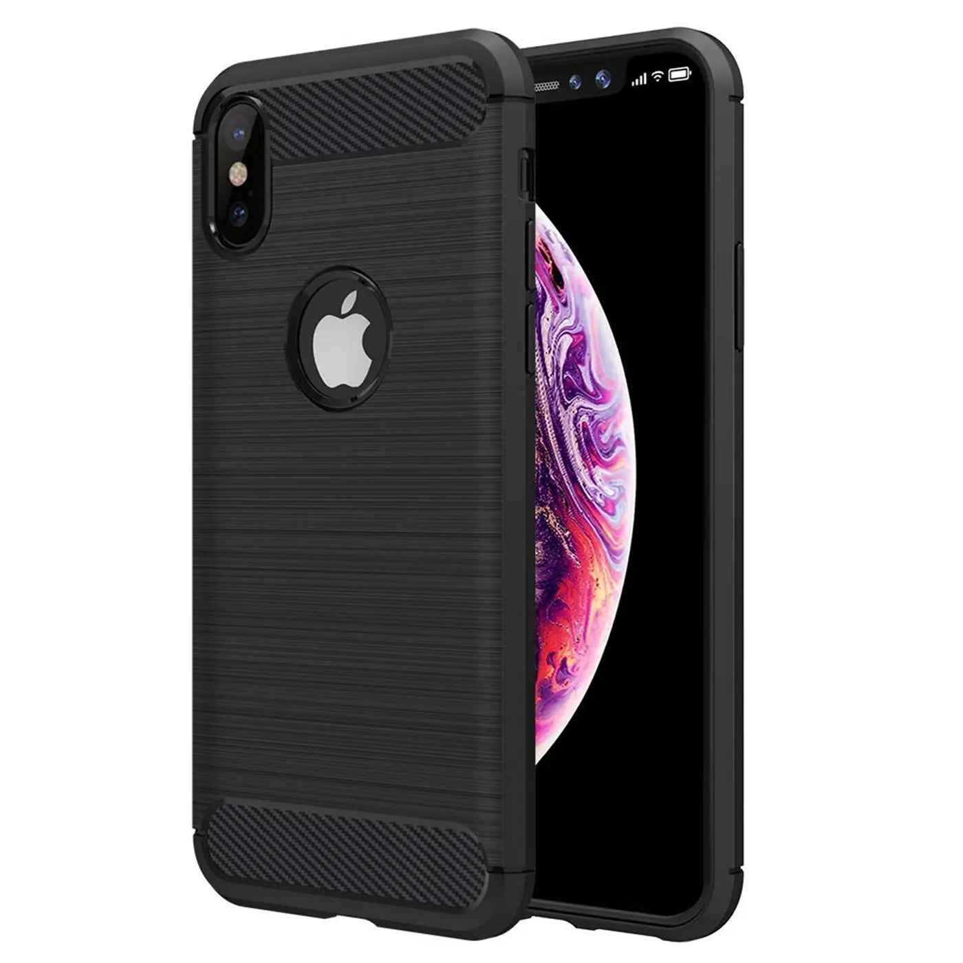 Schwarze Carbon-Hülle mit gebürsteter Textur, seitliche Ansicht, iPhone X/XS mit Display