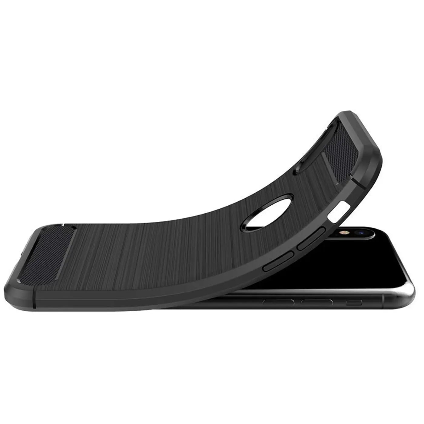 Schwarze Carbon-Hülle mit gebürsteter Textur, seitliche Ansicht, auf iPhone X/XS