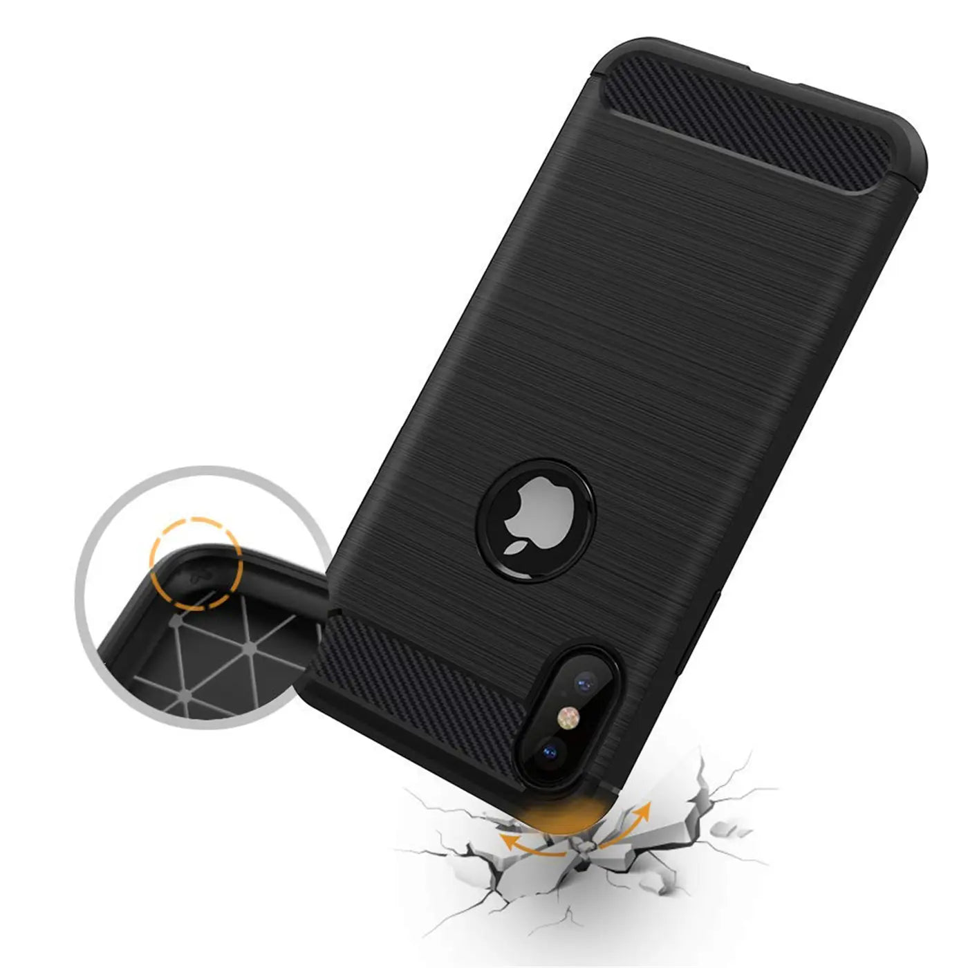 Schwarze Carbon-Hülle für iPhone X/XS, von schräg oben, stoßfest.