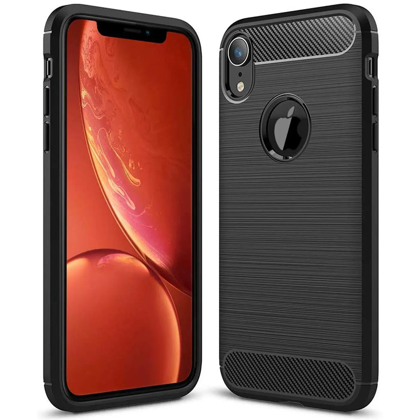 Schwarze Carbon-Hülle mit gebürsteter Textur für iPhone XR, Vorder- und Rückansicht.