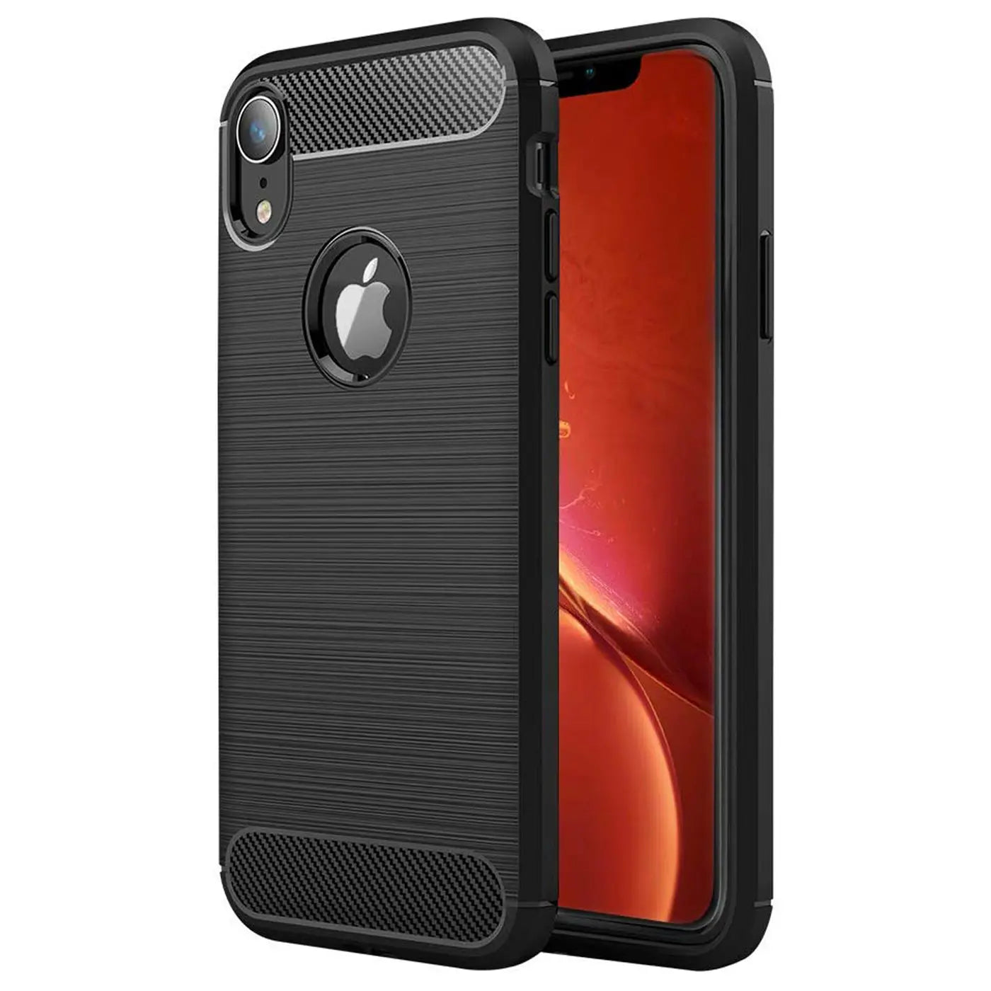 Schwarze Carbon-Hülle für iPhone XR, von schräg vorne, mit Apple-Logo.