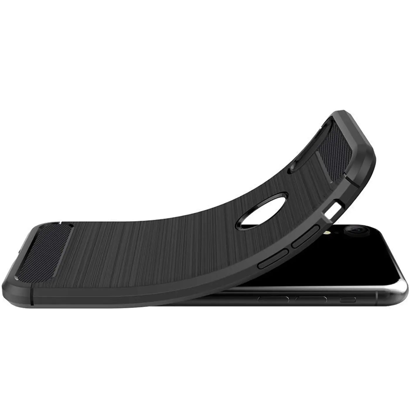 Schwarze Carbon-Hülle mit Holzmaserung, Seitenansicht, auf iPhone XR liegend.