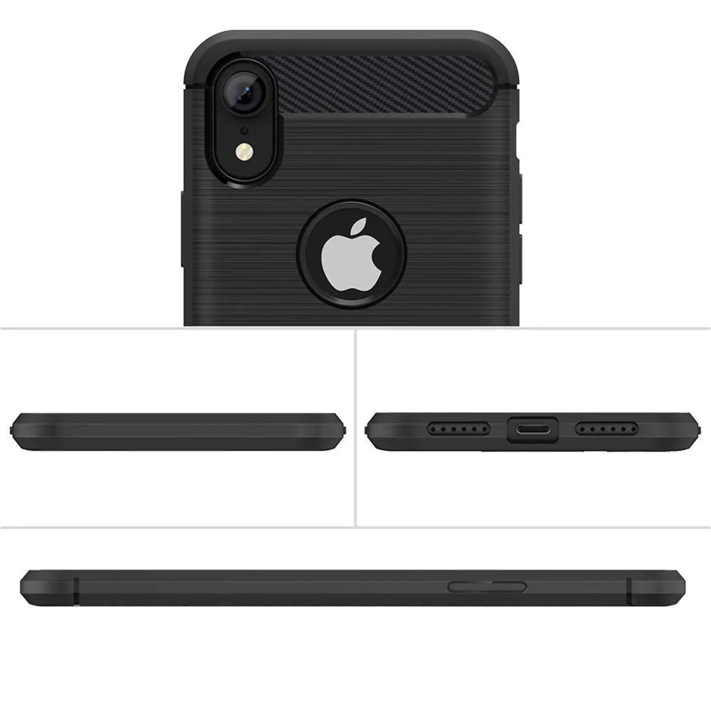 Schwarze Carbon-Hülle für iPhone XR, Rückseite mit Apple-Logo, Seitenansichten.