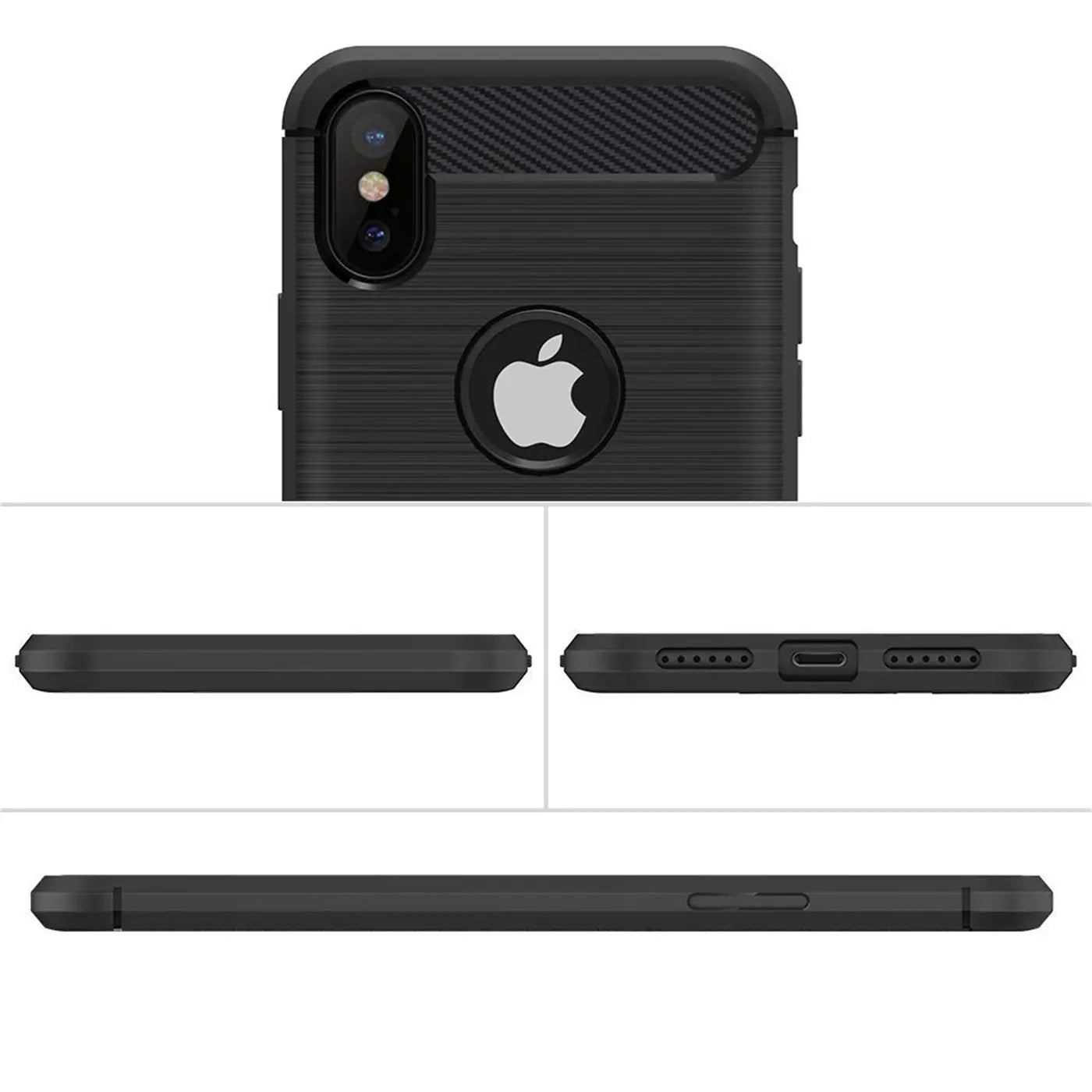 Schwarze Carbon-Hülle für iPhone Xs Max, verschiedene Ansichten, Apple-Logo.