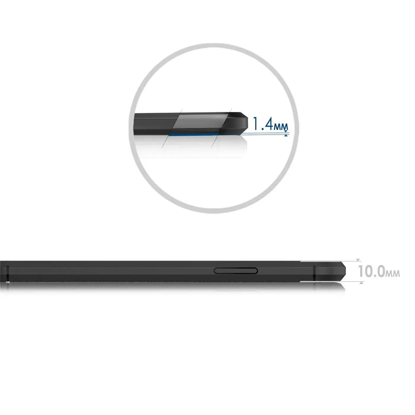 Schwarze Carbon-Hülle, Seitenansicht. Nahaufnahme zeigt 1,4mm Dicke, Gesamt 10mm.