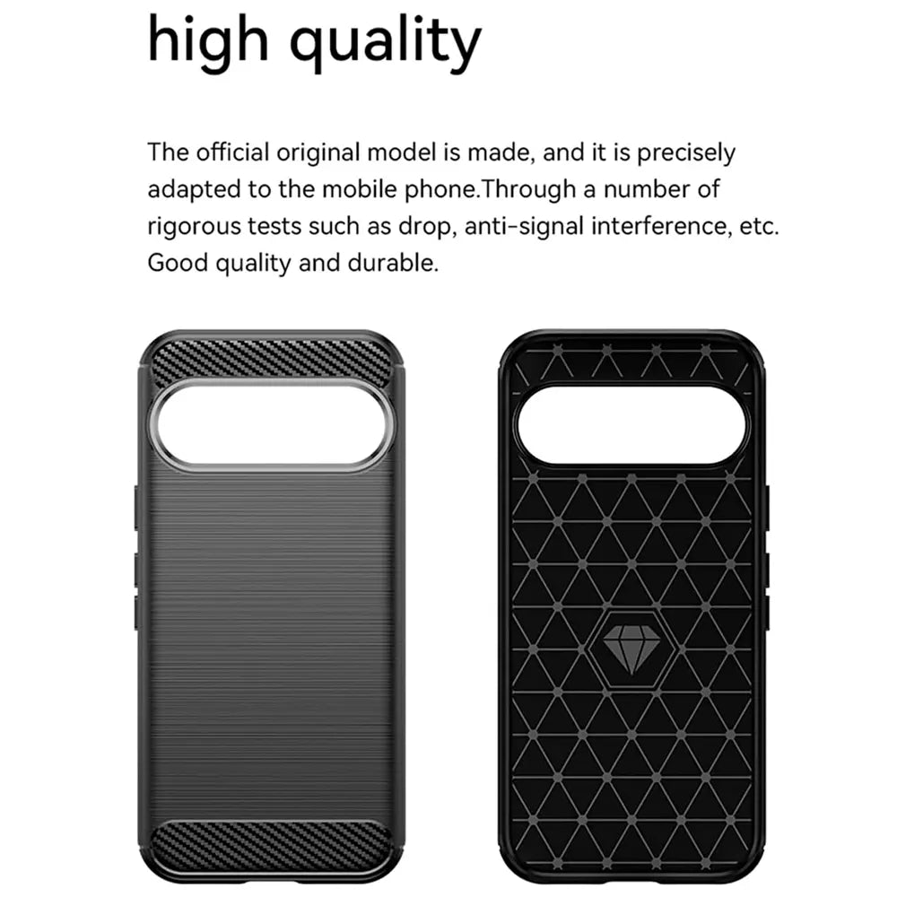 Zwei Ansichten einer schwarzen Carbon-Handyhülle für Google Pixel 10 Pro XL: Außenansicht mit gebürsteter Textur.