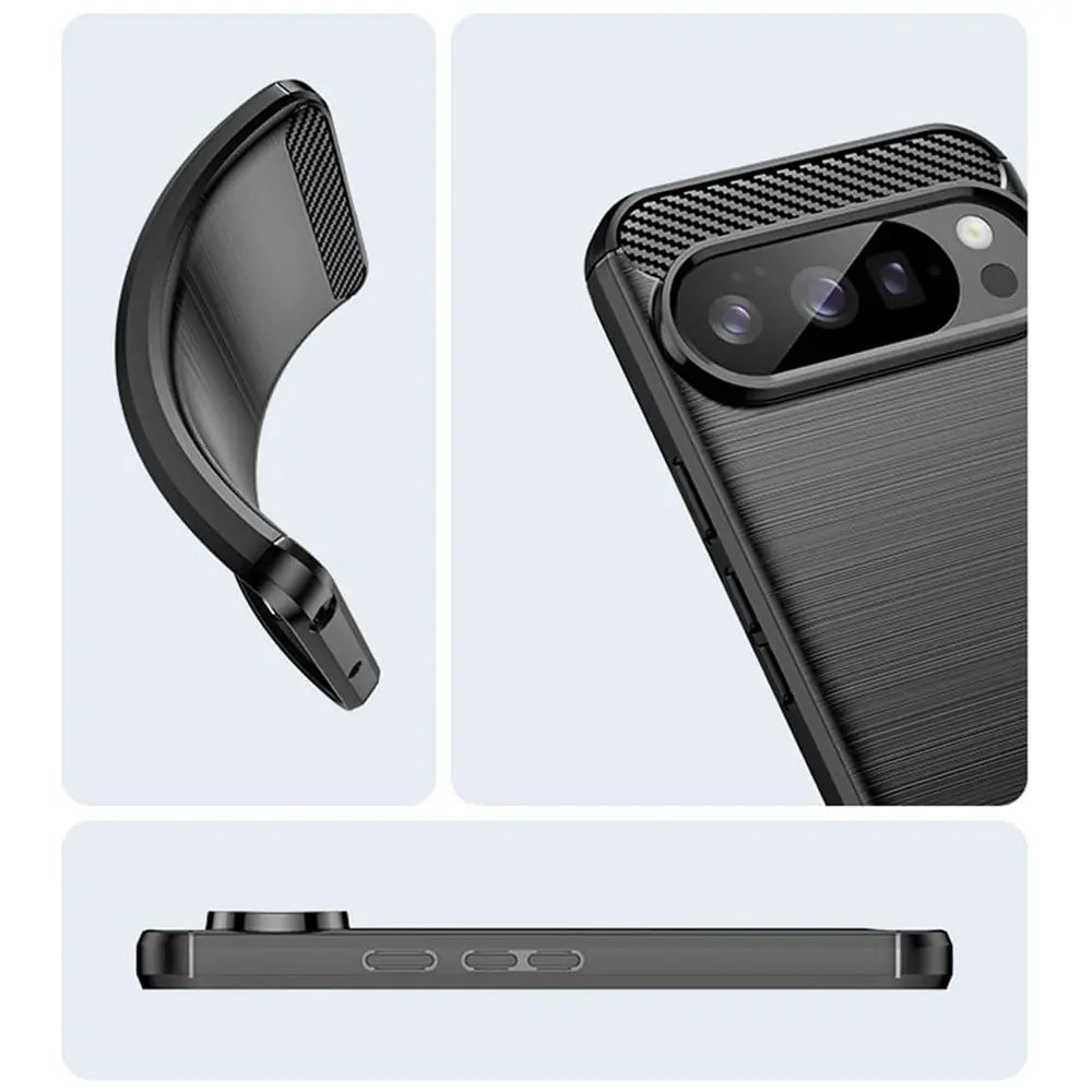 Drei Ansichten einer schwarzen Carbon-Hülle für Google Pixel 10 Pro XL: flexibel, Detail der Kamera und Seitenansicht.