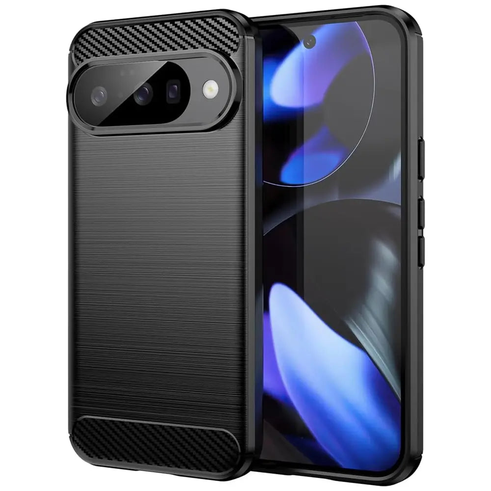Schwarze Carbon-Hülle für Google Pixel 10, Rückseite mit gebürsteter Textur, Kameraausschnitt und Carbon-Muster oben/unten.