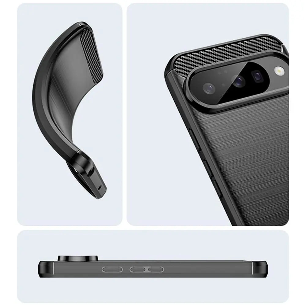 Drei Ansichten: Schwarze, flexible Carbon-Hülle für Google Pixel 10, gebogen, Nahaufnahme der Kamera, Seitenansicht.