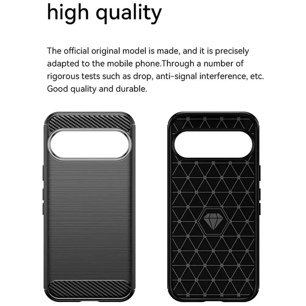 Zwei schwarze Carbon-Hüllen für Google Pixel 10, Vorder- und Rückseite, mit Aussparung für Kamera und Tasten.