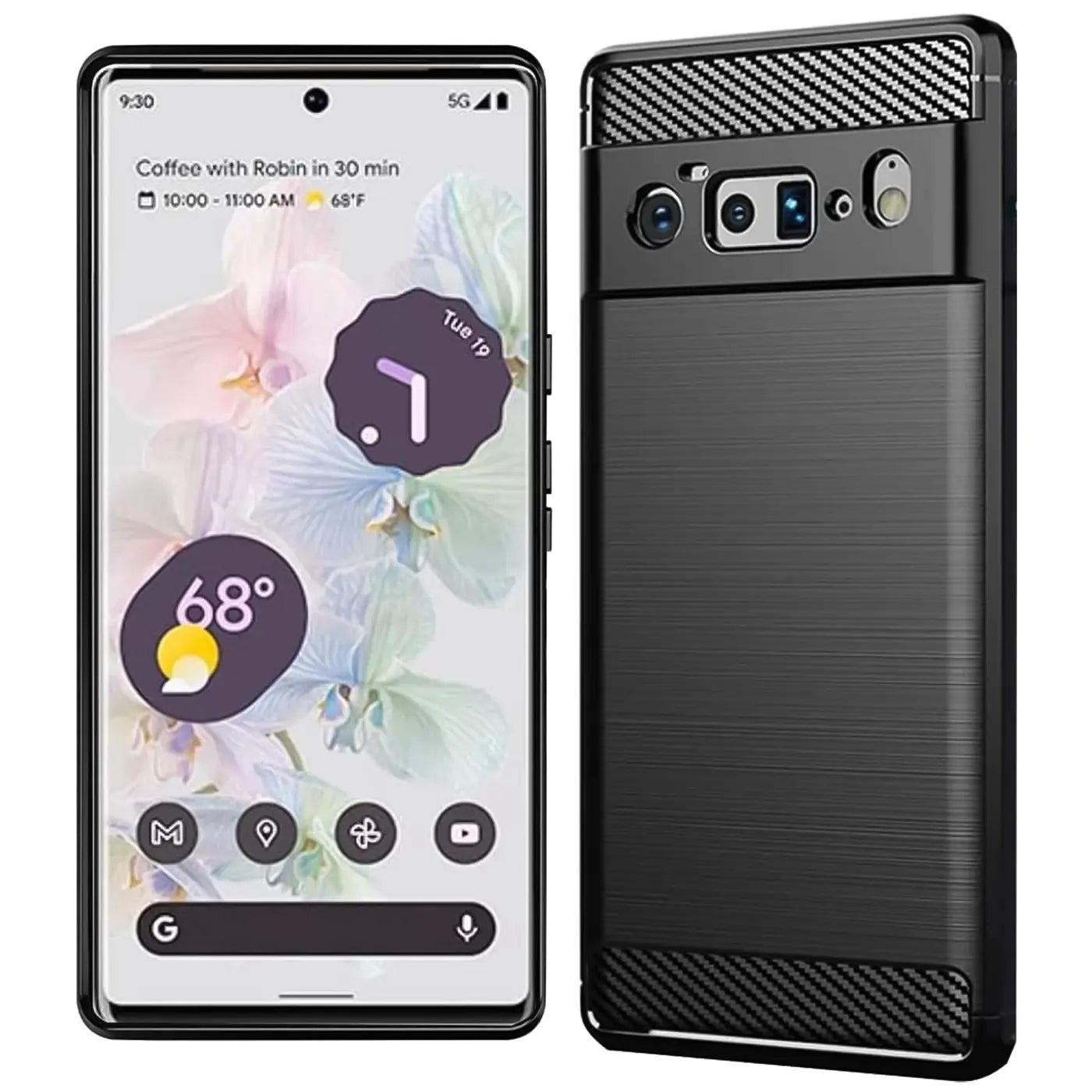 Google Pixel 6 Pro mit schwarzer Carbon-Hülle, Vorder- und Rückseite nebeneinander, leicht schräg von vorne.