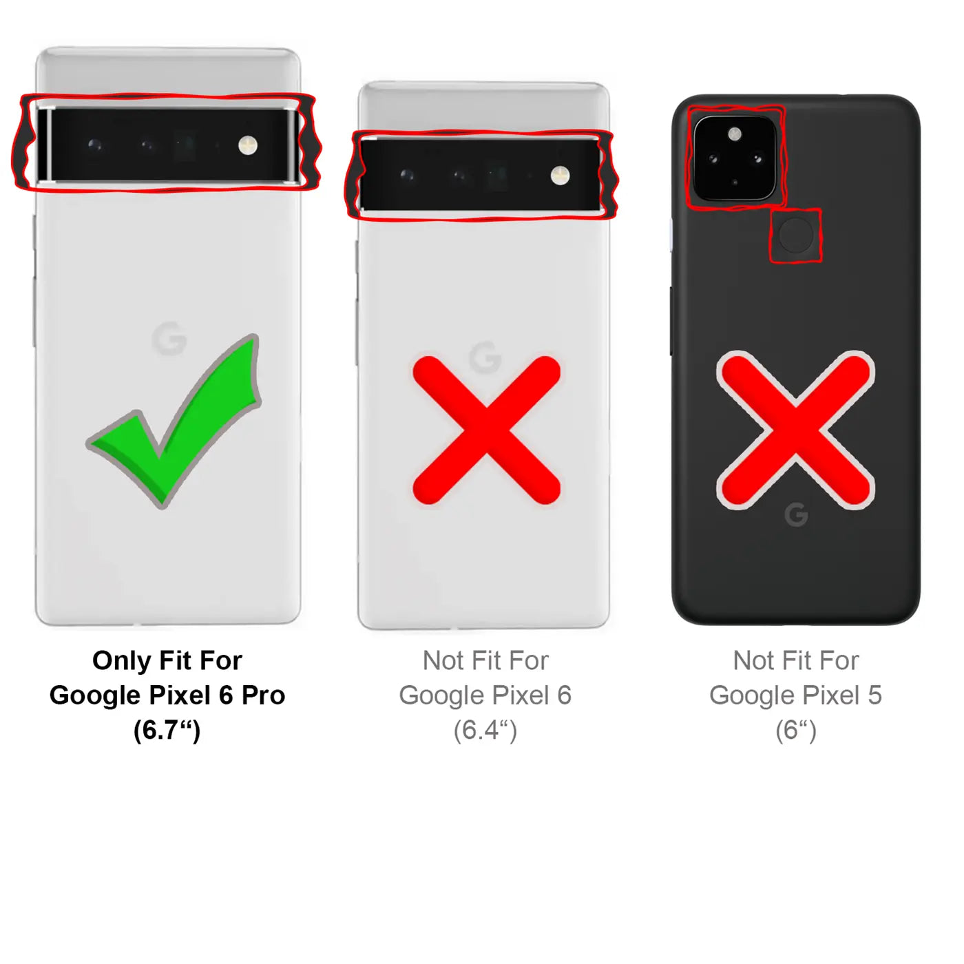 Drei Google Pixel Smartphones von hinten: Pixel 6 Pro (weiß, Hülle passt), Pixel 6 (weiß, Hülle passt nicht), Pixel 5.