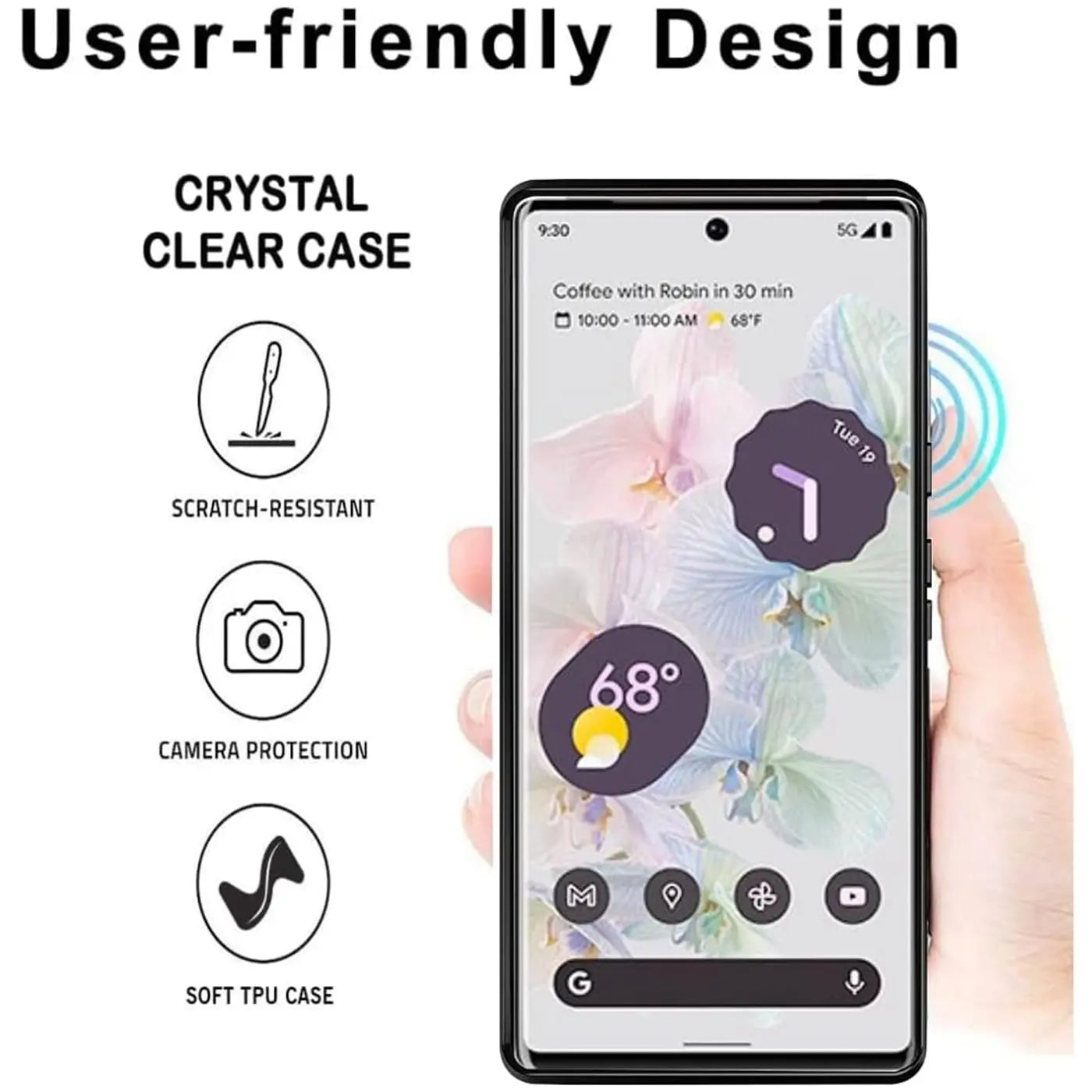 Schwarze, stoßfeste TPU-Hülle am Google Pixel 6 Pro, von vorne in einer Hand gehalten. Links Icons mit Beschreibungen.