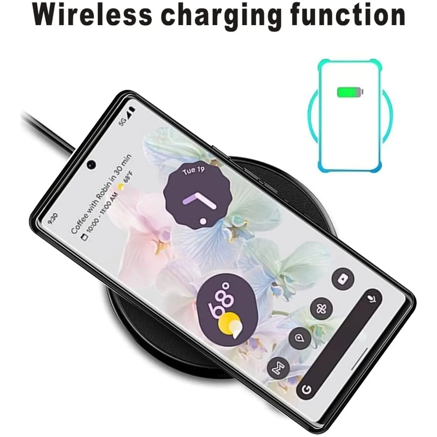 Schwarzes Google Pixel 6 Pro mit Carbon-Hülle liegt schräg auf schwarzem, rundem Wireless-Ladegerät, Draufsicht.