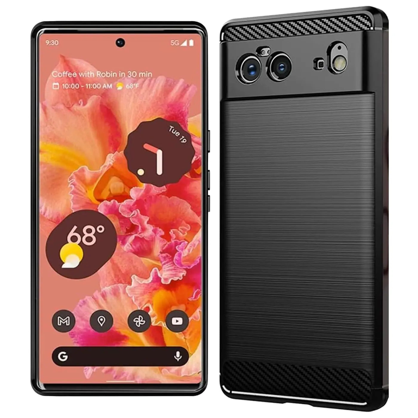 Schwarze Carbon-Hülle für Google Pixel 6, Vorder- und Rückansicht, stoßfestes Material mit gebürsteter Textur.