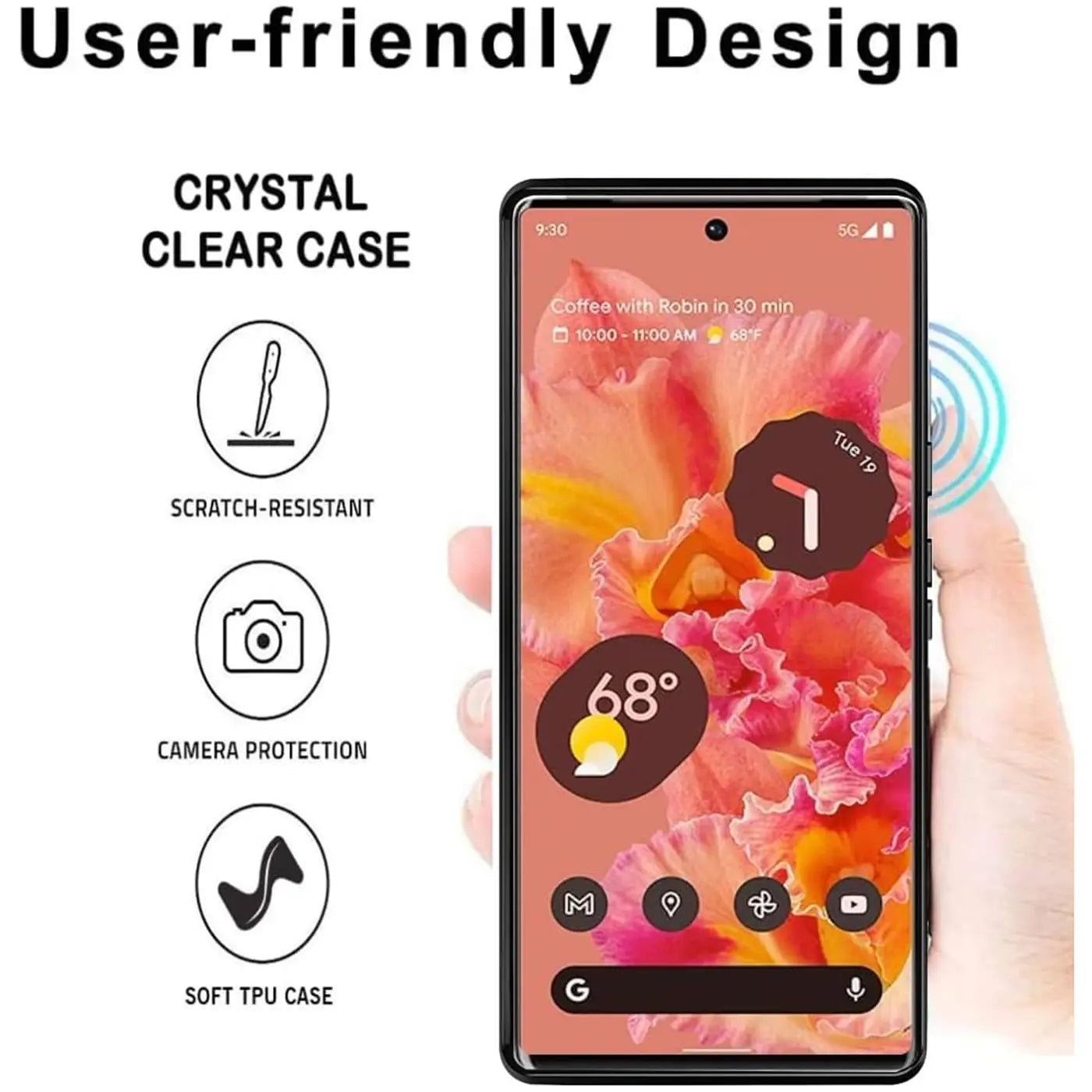 Google Pixel 6 in schwarzer, stoßfester Carbon-Hülle, von vorne in einer Hand gehalten. Links Icons für Kratz- und.