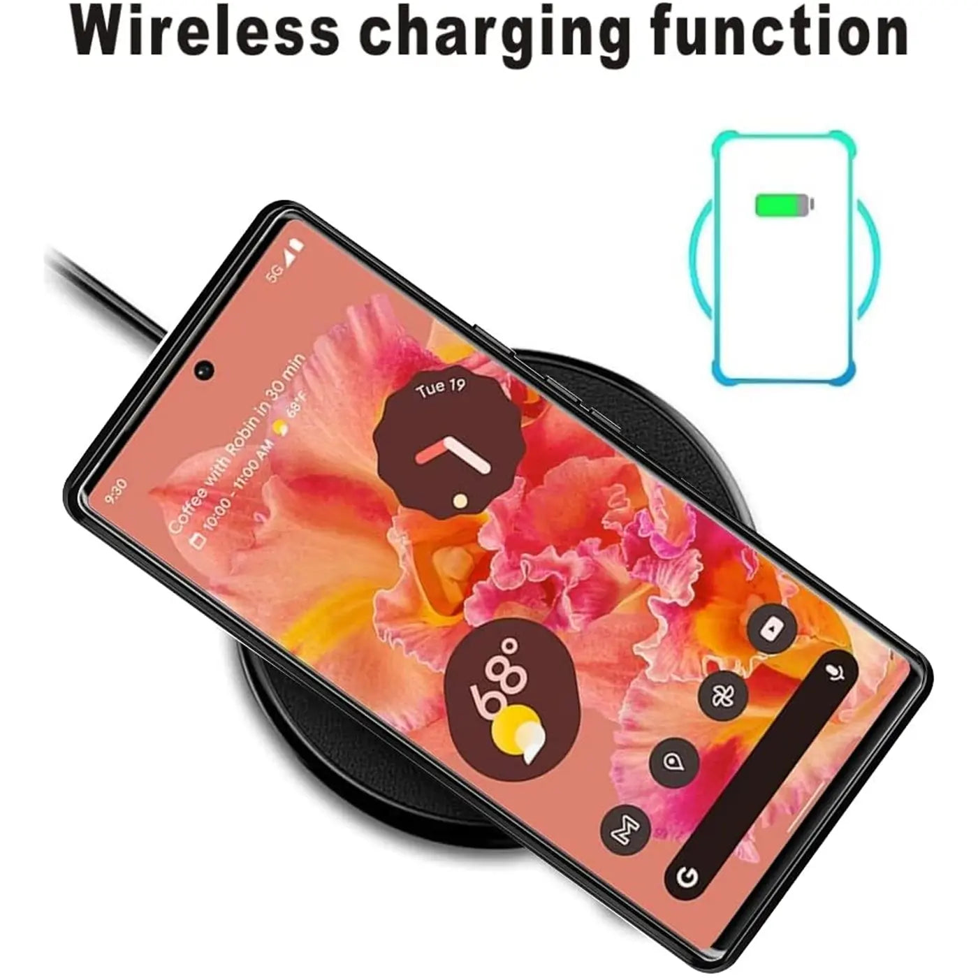 Schwarzes Google Pixel 6 mit Carbon-Hülle auf schwarzem, kabellosem Ladegerät, schräg von oben.
