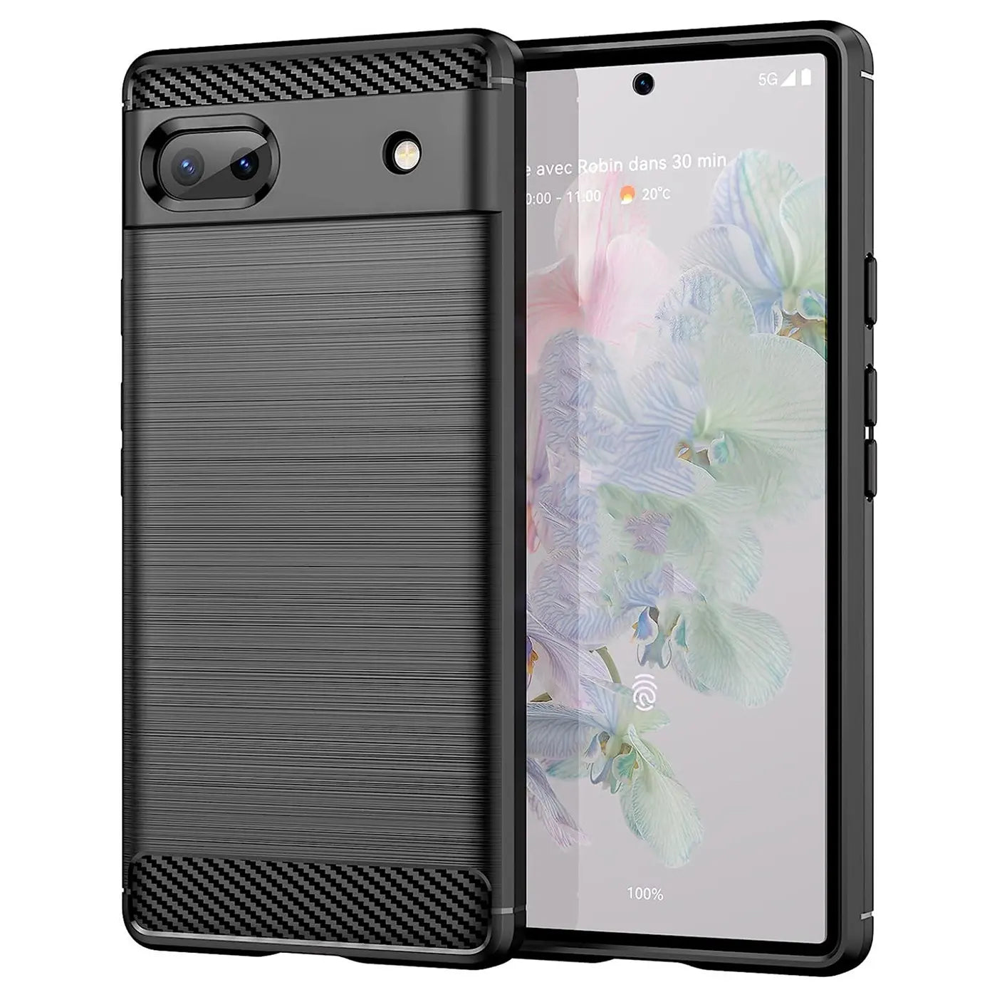 Dunkelgraue Carbon-Hülle für Google Pixel 6a, schräg von hinten links gezeigt, mit sichtbarem Display.