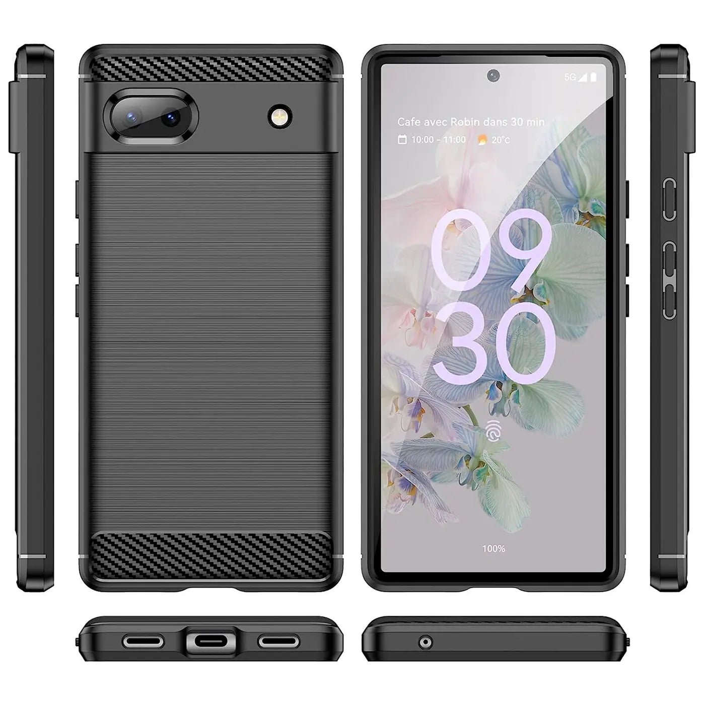 Google Pixel 6a in schwarzer Carbon-Optik Hülle, stoßfest, von allen Seiten auf weißem Hintergrund.
