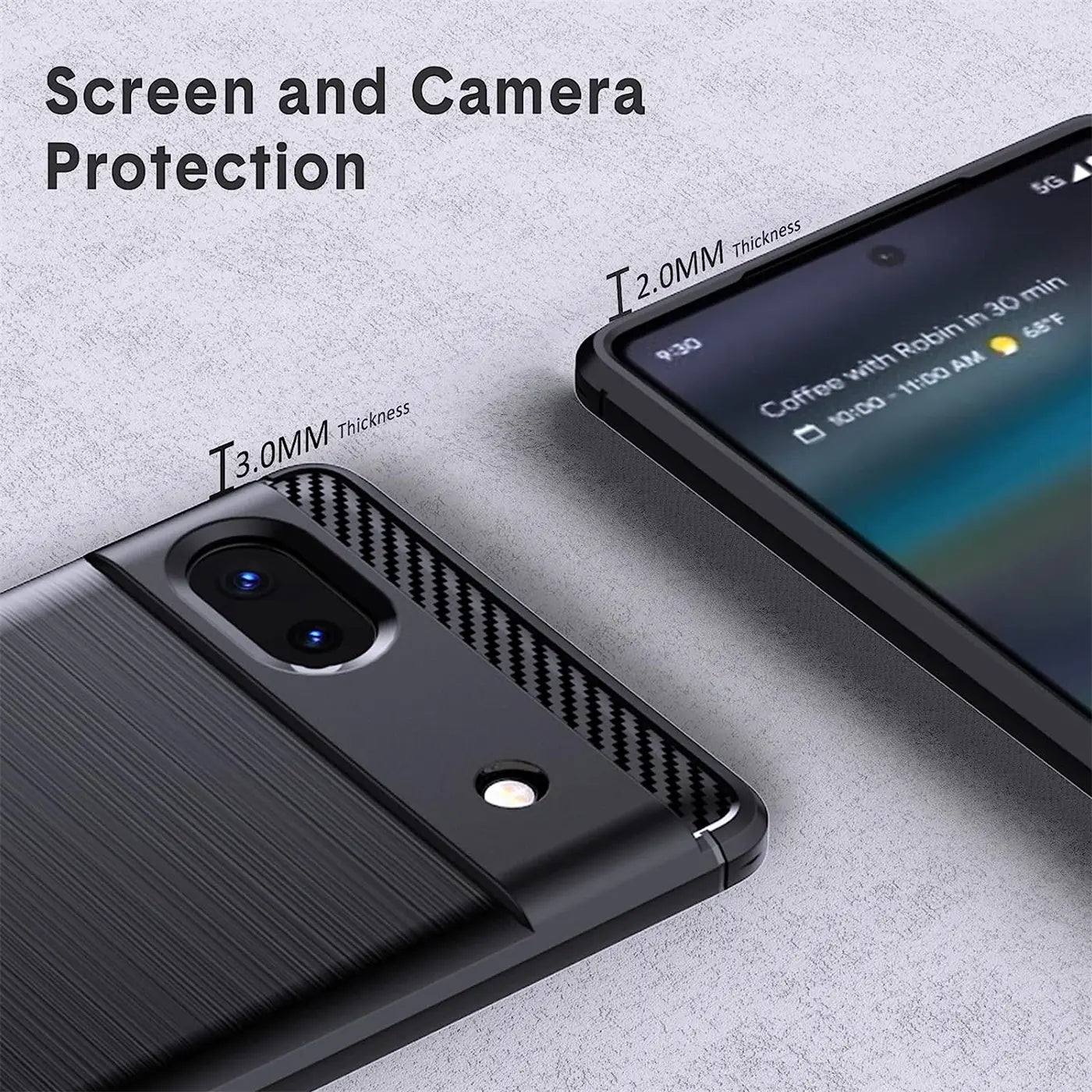 Google Pixel 6a in schwarzer Carbon-Hülle, Draufsicht auf Kamera und Display mit 3mm bzw. 2mm erhöhten Rändern.
