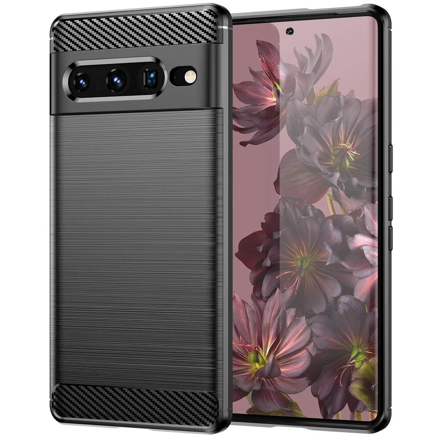 Dunkelgraue Carbon-Hülle für Google Pixel 7 Pro, von hinten links oben gesehen, mit gebürsteter Metalloptik.