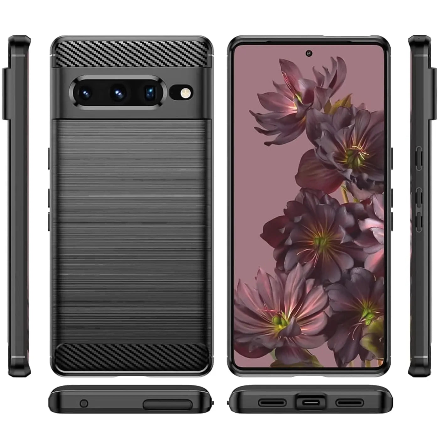 Schwarze Carbon-Hülle für Google Pixel 7 Pro, Ansichten von hinten, vorne, Seiten, oben und unten.