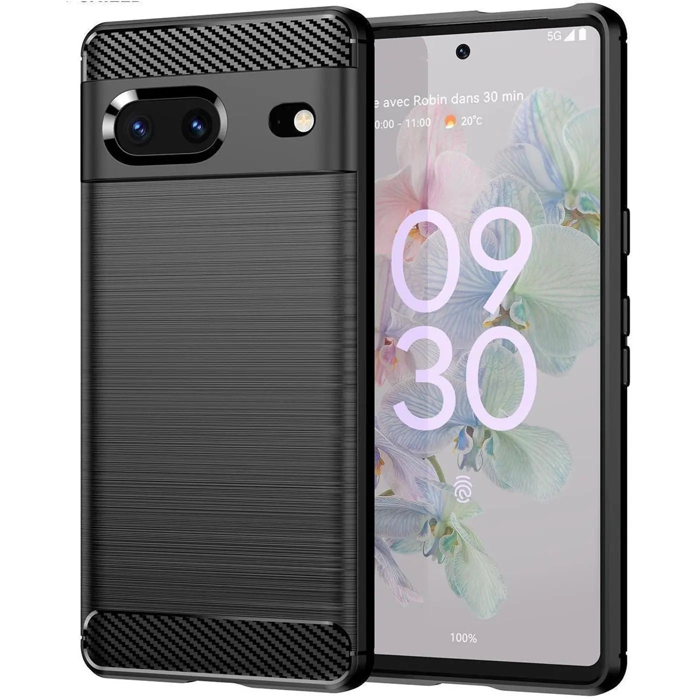 Schwarze Carbon-Hülle für Google Pixel 7, Rückseite mit gebürsteter Metalloptik, von schräg oben rechts fotografiert.