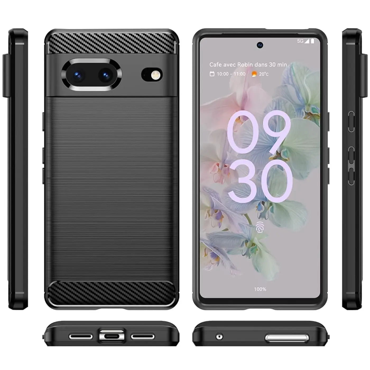 Google Pixel 7 in schwarzer Carbon-Hülle, stoßfest. Ansichten von Rückseite, Vorderseite, Seiten, Ober- und Unterseite.