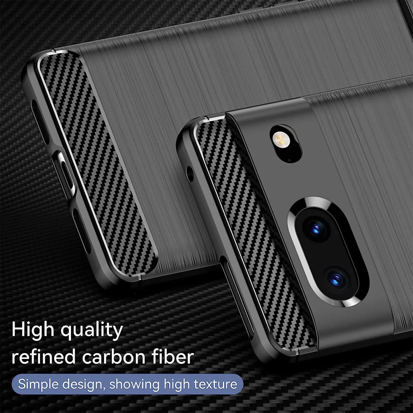 Dunkelgraue Carbon-Hülle für Google Pixel 7, schräg von oben, mit gebürsteter Metalloptik und Carbon-Muster an den Seiten.