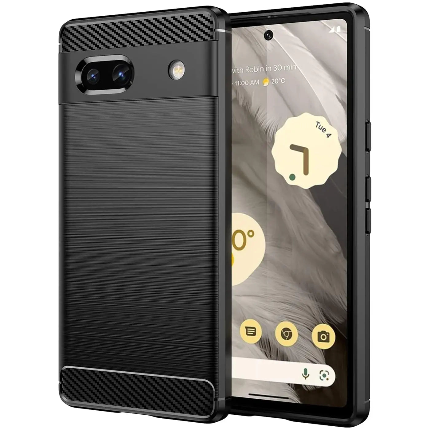 Schwarze Carbon-Hülle für Google Pixel 7a, Rückseite mit gebürsteter Textur, Carbon-Muster oben/unten, schräg von vorne.