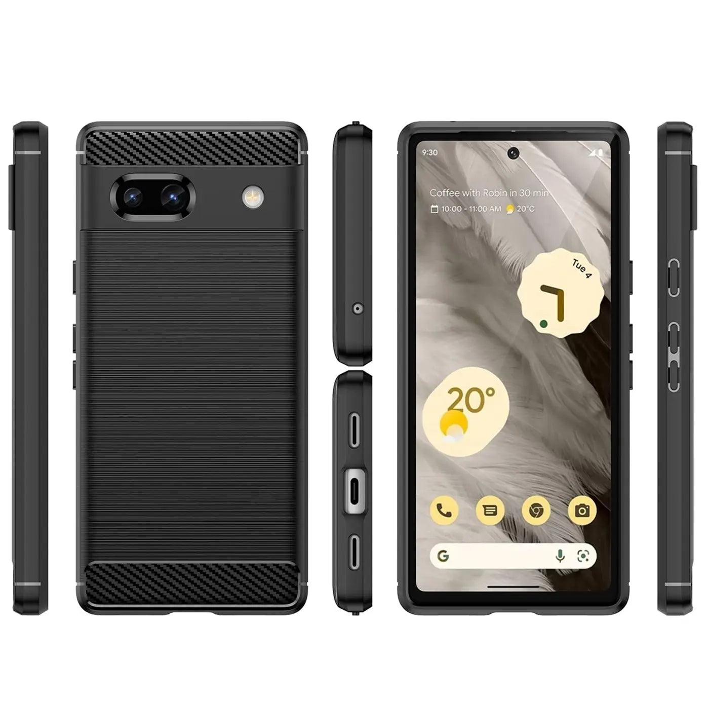 Google Pixel 7a in schwarzer Carbon-Optik Hülle, von hinten, vorne und den Seiten auf weißem Hintergrund.