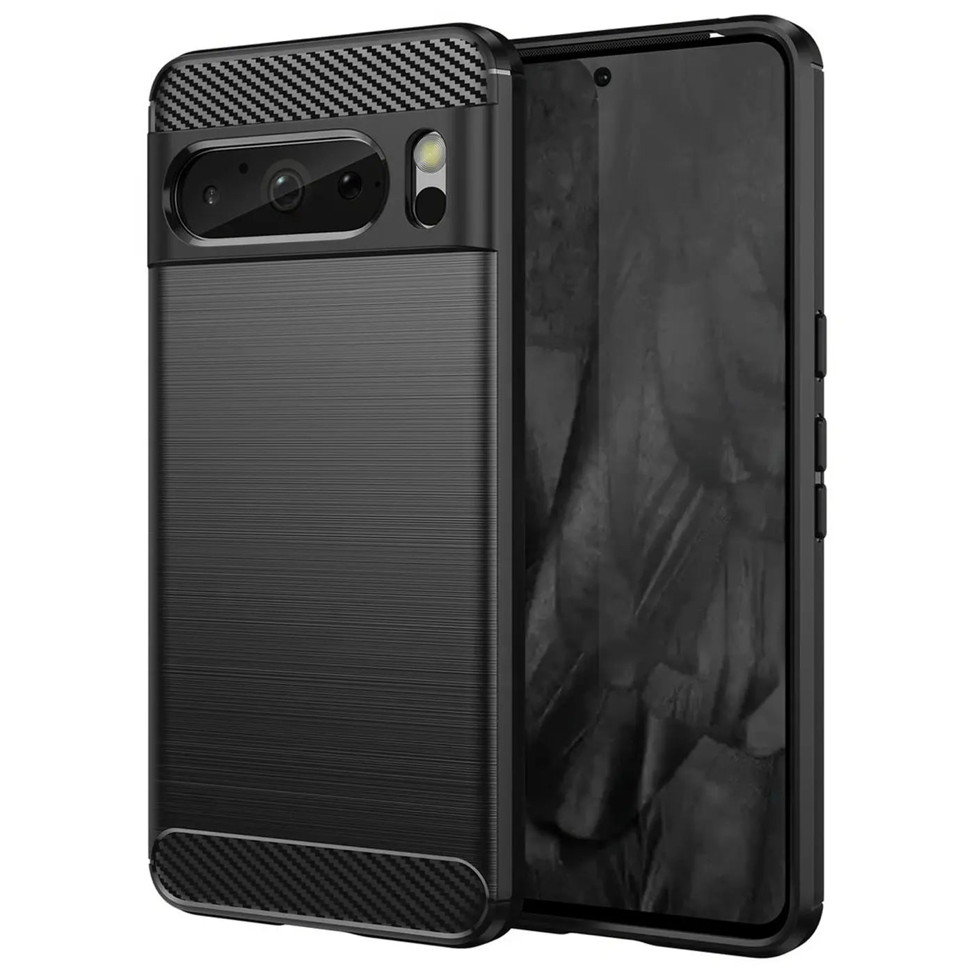 Schwarze Carbon-Hülle für Google Pixel 8 Pro, schräg von hinten links gezeigt. Rückseite mit gebürsteter Textur.