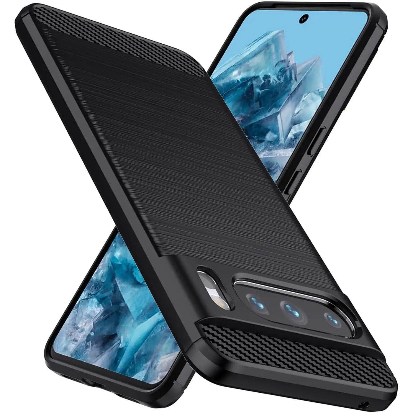 Schwarze Carbon-Hülle für Google Pixel 8 Pro, schräg von hinten rechts mit gebürsteter Textur und Kamerabereich.