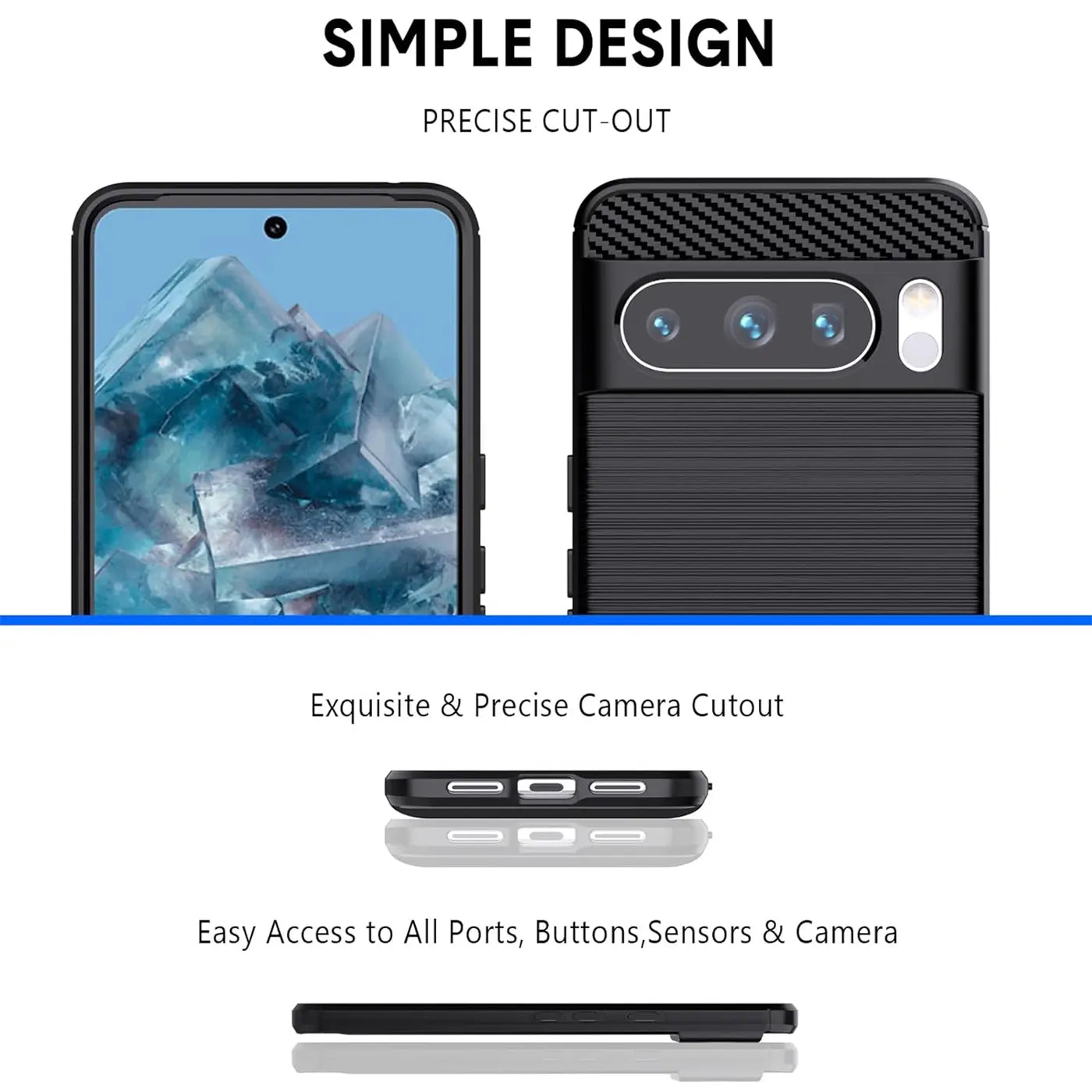Schwarze Carbon-Hülle für Google Pixel 8 Pro, Vorder- und Rückseite, sowie Ober- und Unterseite mit Aussparungen.