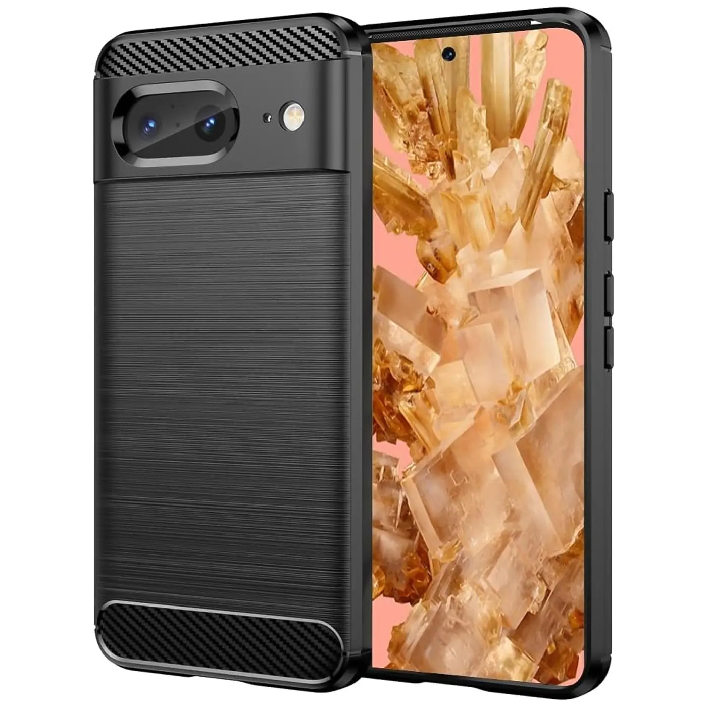 Schwarze Carbon-Hülle für Google Pixel 8, stoßfest, Rückseite mit gebürsteter Textur, schräg von vorne.