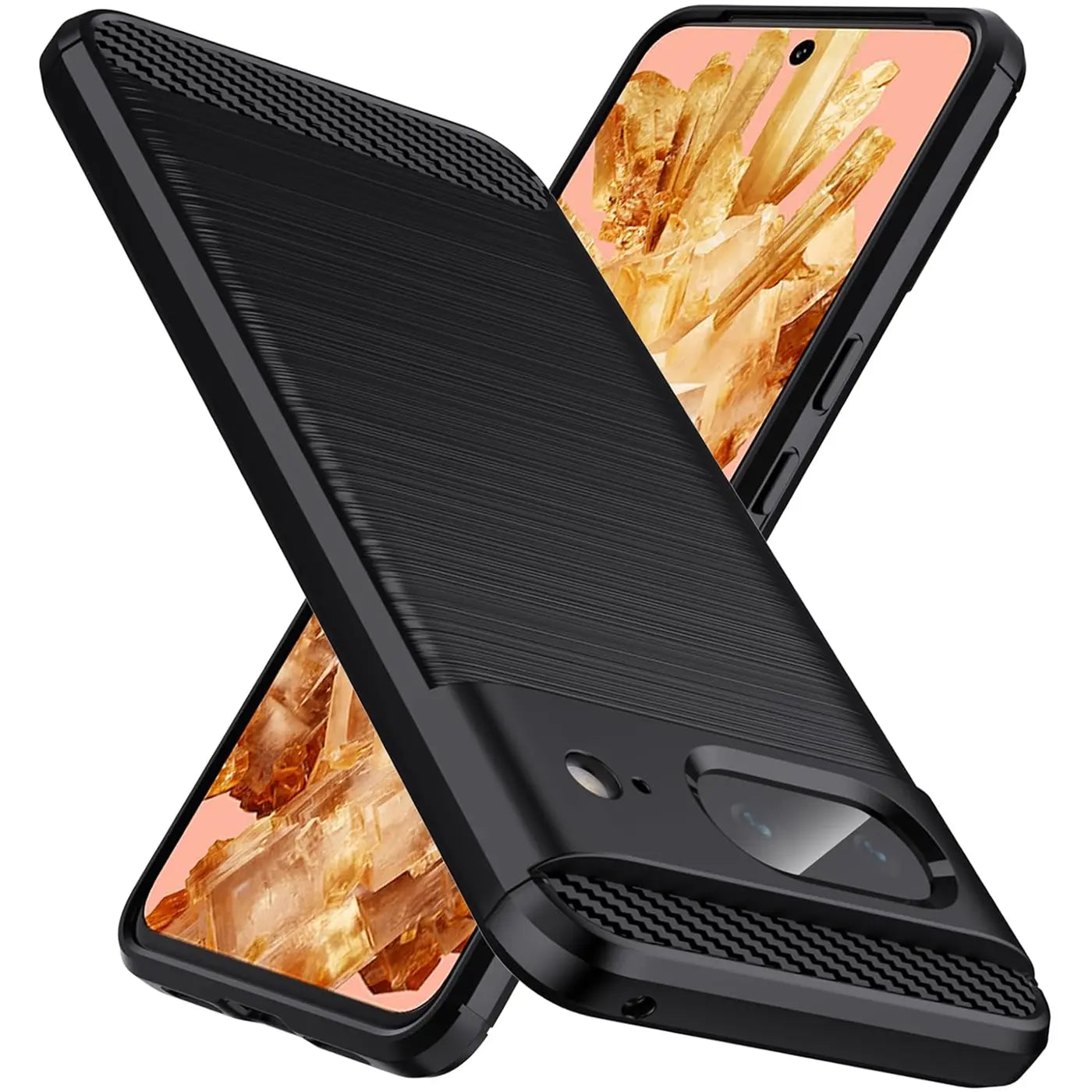 Schwarze Carbon-Hülle für Google Pixel 8, schräg von hinten gezeigt, mit gebürsteter Textur und Kameraausschnitt.