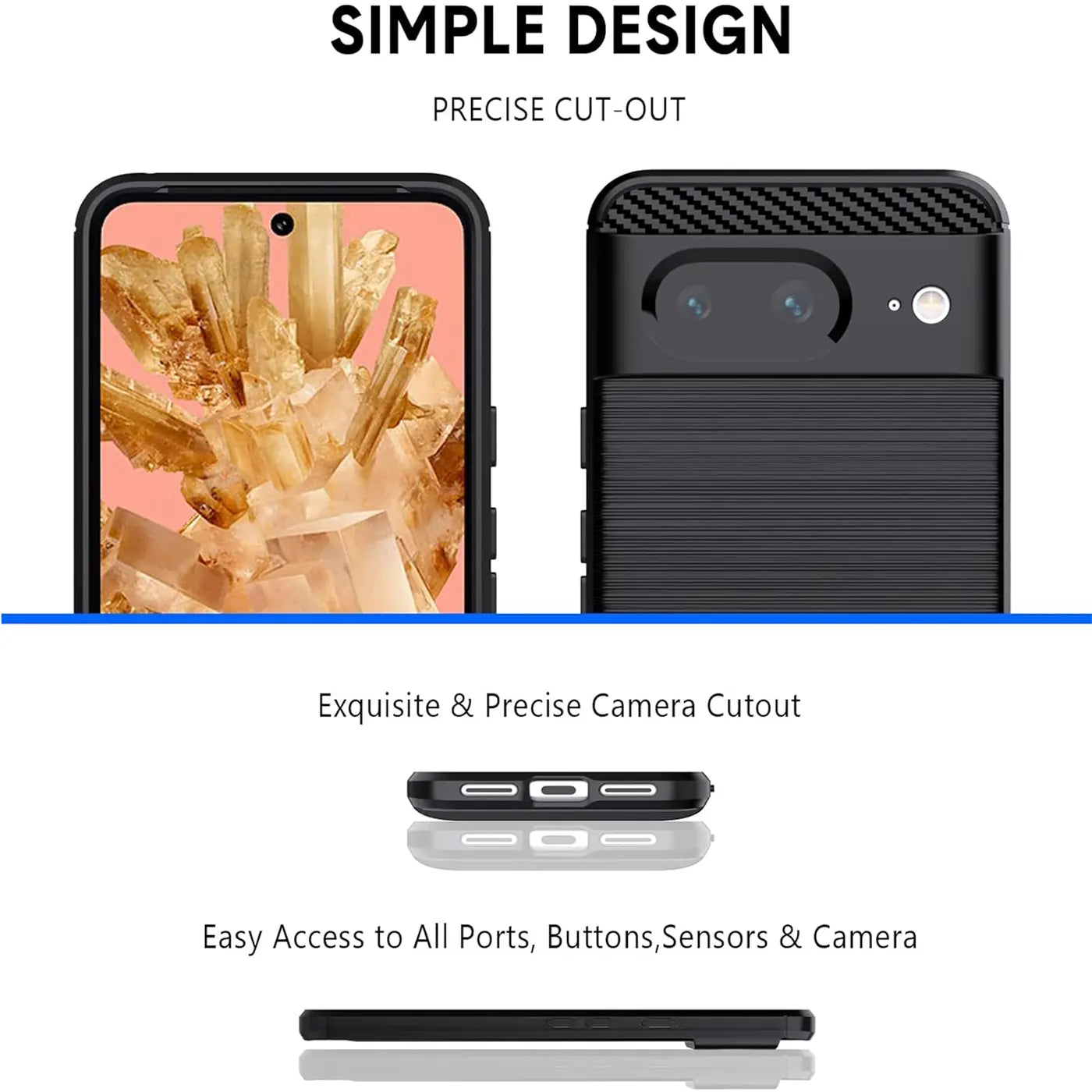 Google Pixel 8 mit schwarzer Carbon-Hülle, Vorder- und Rückseite, sowie Ober- und Unterkante gezeigt.