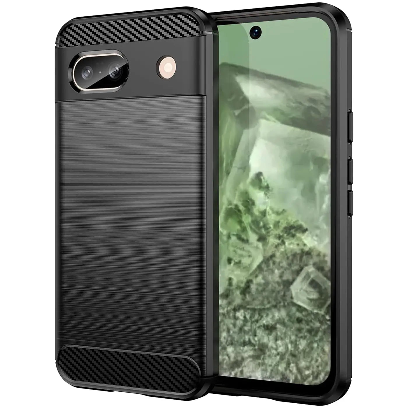 Schwarze Carbon-Hülle für Google Pixel 8a, schräg von hinten links gezeigt, mit gebürsteter Metalloptik und Carbon-Muster.