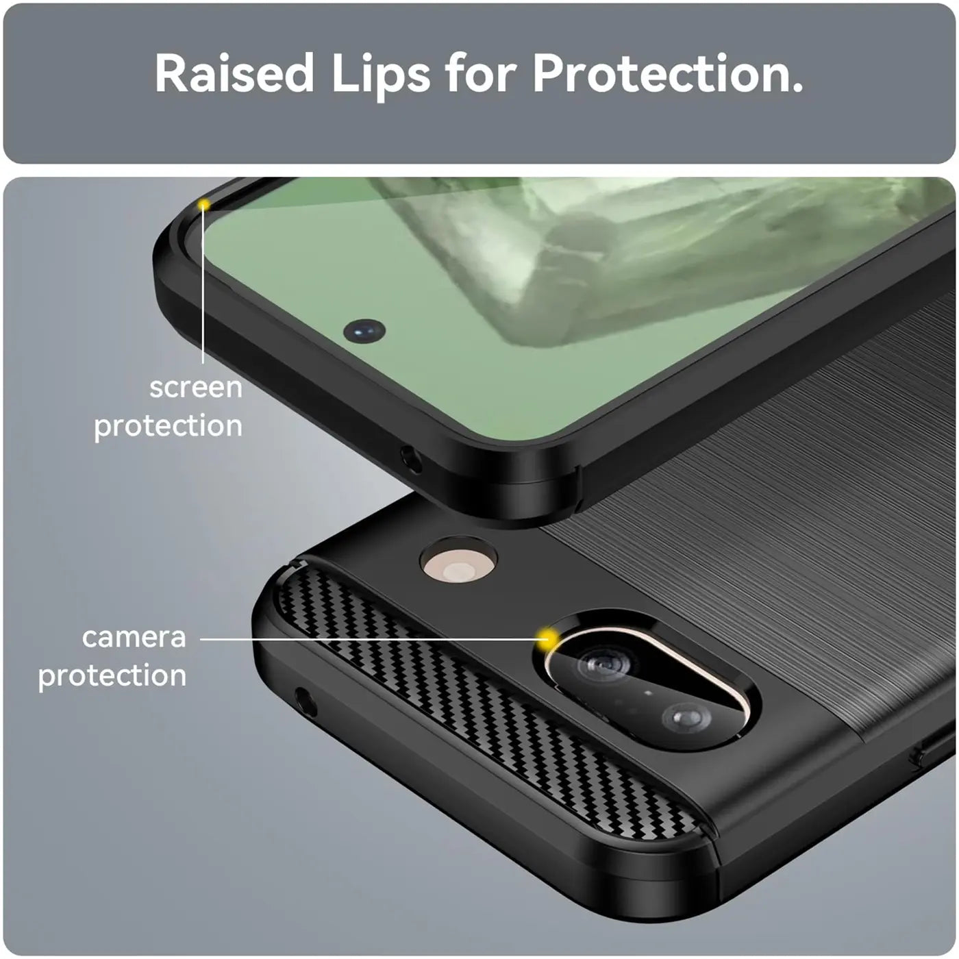Schwarz-graue Carbon-Hülle für Google Pixel 8a, schräg von oben. Erhöhte Ränder schützen Display und Kamera.