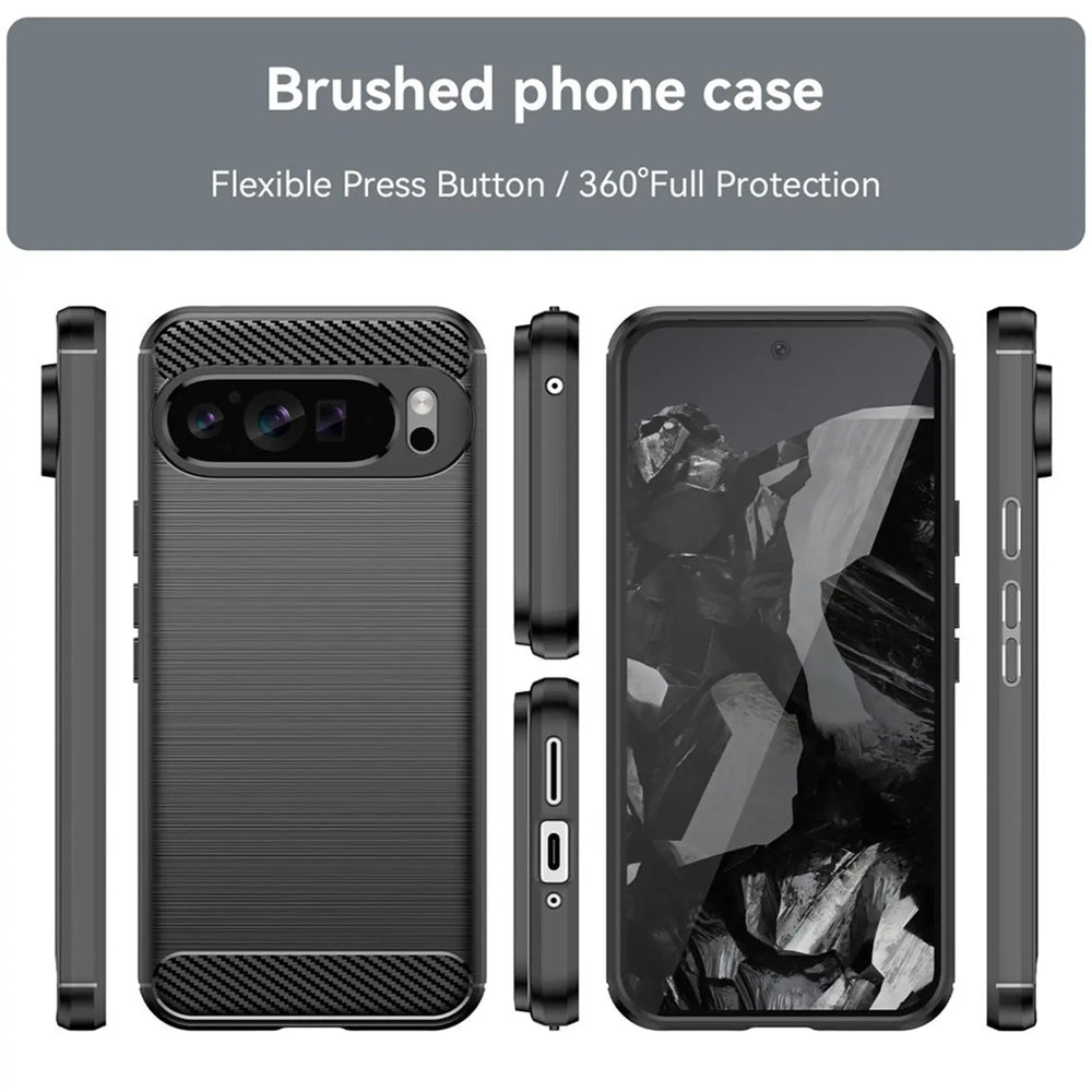 Google Pixel 9 Pro in schwarzer, gebürsteter Carbon-Hülle, aus verschiedenen Perspektiven gezeigt.