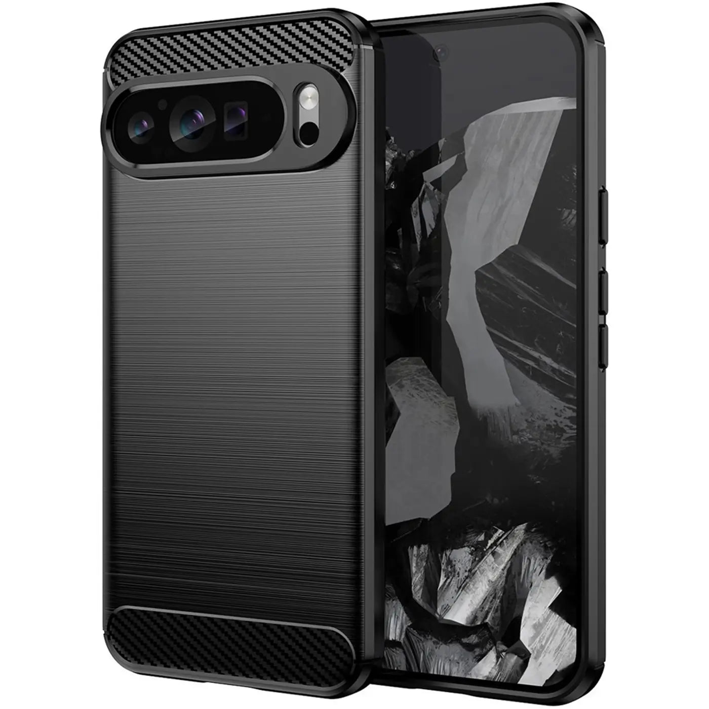 Schwarze Carbon-Hülle für Google Pixel 9 Pro XL, Rückseite mit gebürsteter Textur, Kamera und Display sichtbar.