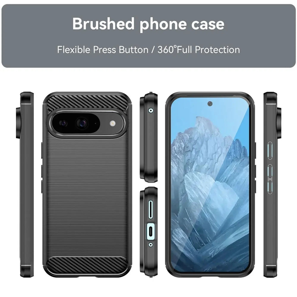 Schwarze Carbon-Hülle für Google Pixel 9, Rückseite mit Kameraausschnitt, Vorderseite und Seitenansichten.